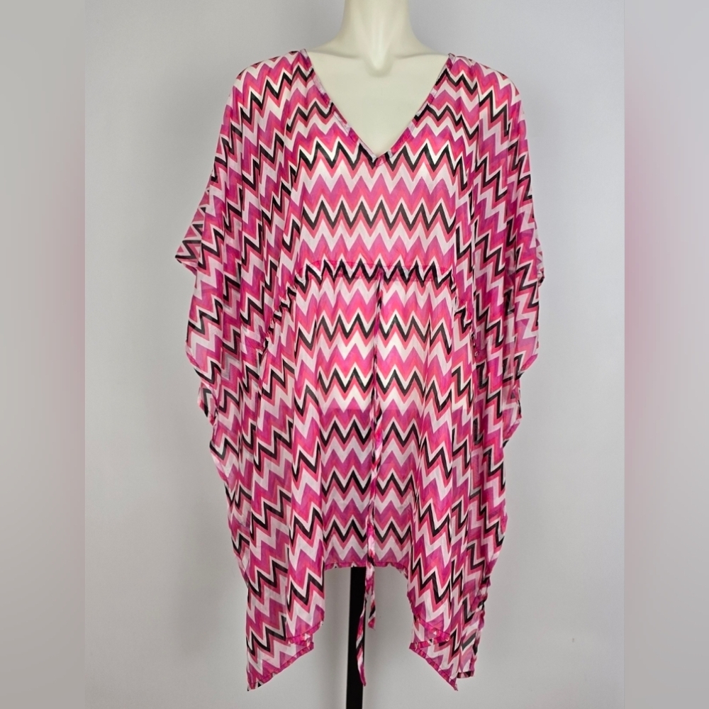 Jessica‎ Women's Pink Black Zig Zag V-Neck Swimsuit Cover Up Cinchable Waist OS